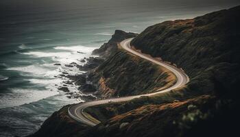 Driving curve down coastline, sunset vanishing point generated by AI photo