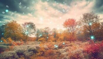 Vibrant autumn forest leaves create serene beauty generated by AI photo