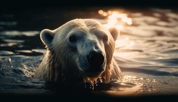 A purebred retriever swimming, chasing fish in pond generated by AI photo