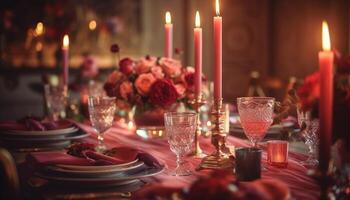 elegante banquete mesa iluminado por luz de una vela y vino generado por ai foto