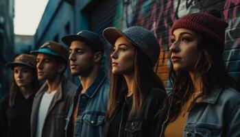 joven adultos y adolescentes, a la moda en pie al aire libre generado por ai foto