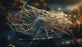 Dew drops in spider web, nature trap generated by AI photo