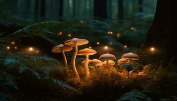 Close up of small glowing toadstool in forest generated by AI photo