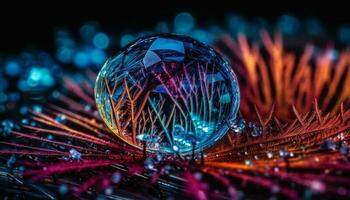 Glowing crystal ball reflects vibrant nature patterns generated by AI photo