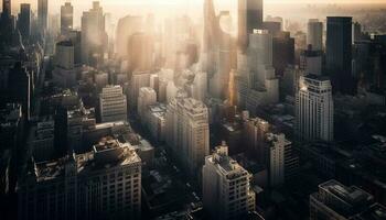 puesta de sol ilumina moderno rascacielos en financiero distrito generado por ai foto