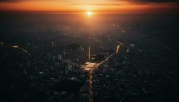Sunset illuminates city skyline from high up generated by AI photo
