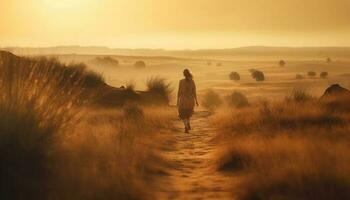 Silhouette of woman walking on mountain footpath generated by AI photo