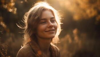 joven mujer sonriente en otoño bosque puesta de sol generado por ai foto