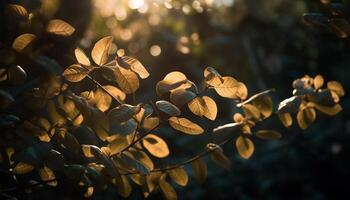 Yellow autumn leaves on green forest branch generated by AI photo