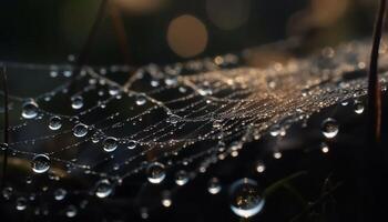 Spider web glistens with dew on leaf generated by AI photo