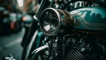 Shiny chrome motorcycle headlight reflects elegant speed generated by AI photo