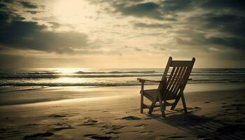 Tranquil scene of chair on water edge generated by AI photo