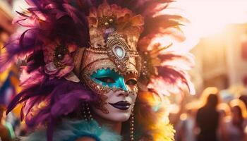 elegante mujer en florido mardi gras disfraz generado por ai foto