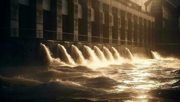 puesta de sol ilumina moderno rascacielos, reflejando en fluido agua generado por ai foto