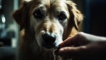 Cute purebred puppy sitting, looking at owner hand generated by AI photo