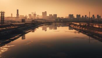 silueta de ciudad horizonte a oscuridad, reflejando en agua generado por ai foto