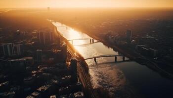 puesta de sol ilumina moderno ciudad horizonte encima azul agua generado por ai foto