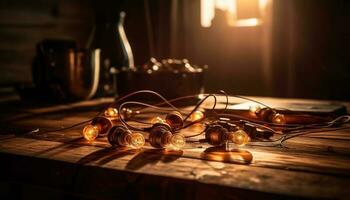Glowing old fashioned light bulb illuminates rustic wood generated by AI photo