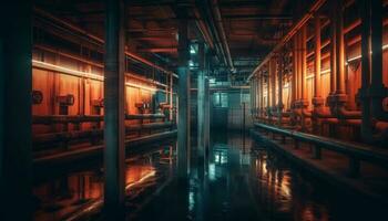 Shiny steel machinery illuminates modern industrial workshop generated by AI photo