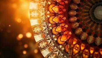 Glowing chandelier illuminates ornate antique architecture backdrop generated by AI photo