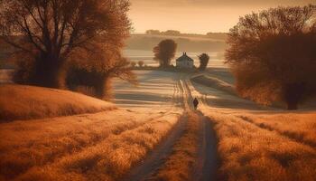 Rustic wheat field glows in autumn sunlight generated by AI photo