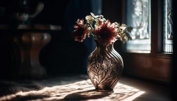 elegante ramo de flores en rústico de madera mesa adentro generado por ai foto