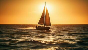 Sailing yacht at sunset, crew enjoying leisure generated by AI photo