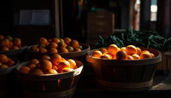 Abundance of juicy citrus fruit in wooden basket generated by AI photo