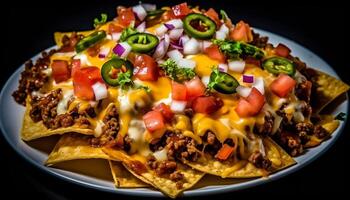 Grilled beef taco plate with guacamole appetizer generated by AI photo