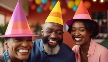 A multi ethnic group celebrates with joy and togetherness generated by AI photo