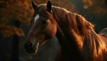 Beautiful bay horse grazes in rural meadow generated by AI photo