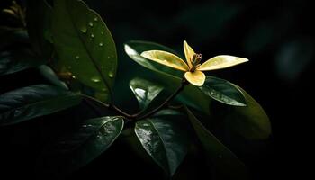 Vibrant green leaf drops dew on flower petal generated by AI photo