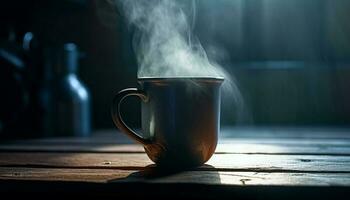 Rustic coffee mug on wooden table steams generated by AI photo