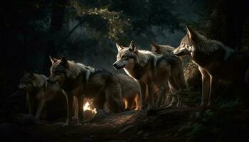 salvaje caninos clamoroso en el oscuro bosque generado por ai foto