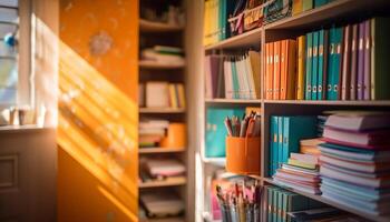 Abundance of literature on bookshelf for studying generated by AI photo