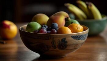 Organic fruit bowl on wooden table, healthy snack generated by AI photo