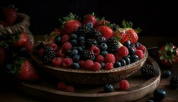 Rustic table with healthy berry dessert abundance generated by AI photo