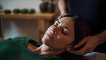 Serene young woman enjoys pampering and relaxation generated by AI photo