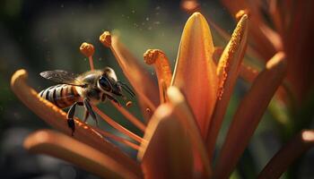 Vibrant honey bee pollinates single flower beauty generated by AI photo