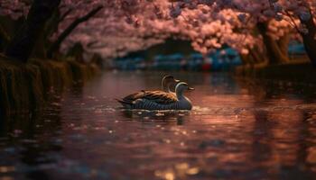 Tranquil swan reflects beauty in nature pond generated by AI photo