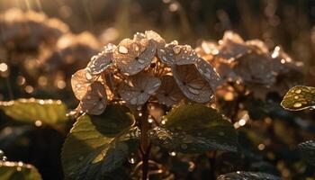 Fresh green leaf drops dew in sunlight generated by AI photo