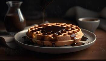 Rustic plate stacked with homemade chocolate waffles generated by AI photo