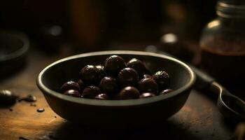 Organic fruit bowl, a sweet indulgence indoors generated by AI photo