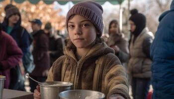 Caucasian family smiling in winter at market generated by AI photo