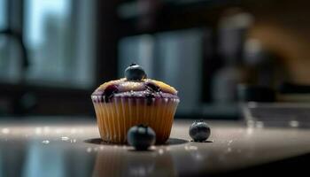 Freshly baked gourmet chocolate muffins on plate generated by AI photo