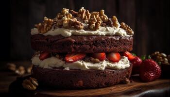 recién horneado chocolate baya tarta, indulgente postre generado por ai foto