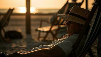 Senior man enjoys tranquil vacation in nature generated by AI photo