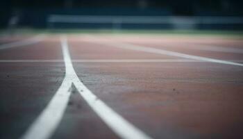 atleta carreras de velocidad en a rayas pista hacia éxito generado por ai foto