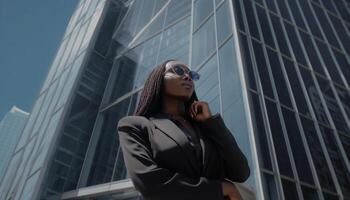 Confident businesswoman using wireless technology in modern city skyscraper generated by AI photo