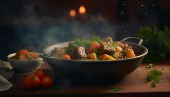 Healthy vegetarian stew with fresh organic ingredients on rustic wood table generated by AI photo